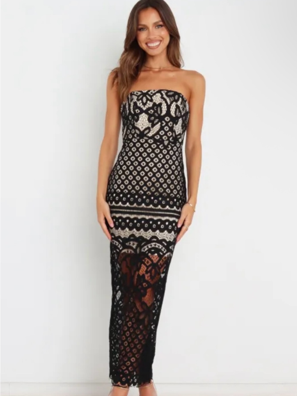 Black Lace Overlay Sheath Dress with Nude Lining